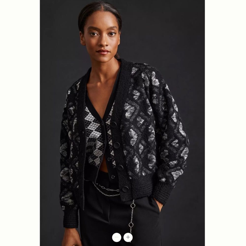 Molly Bracken Black and Gray Patterned Button Cardigan